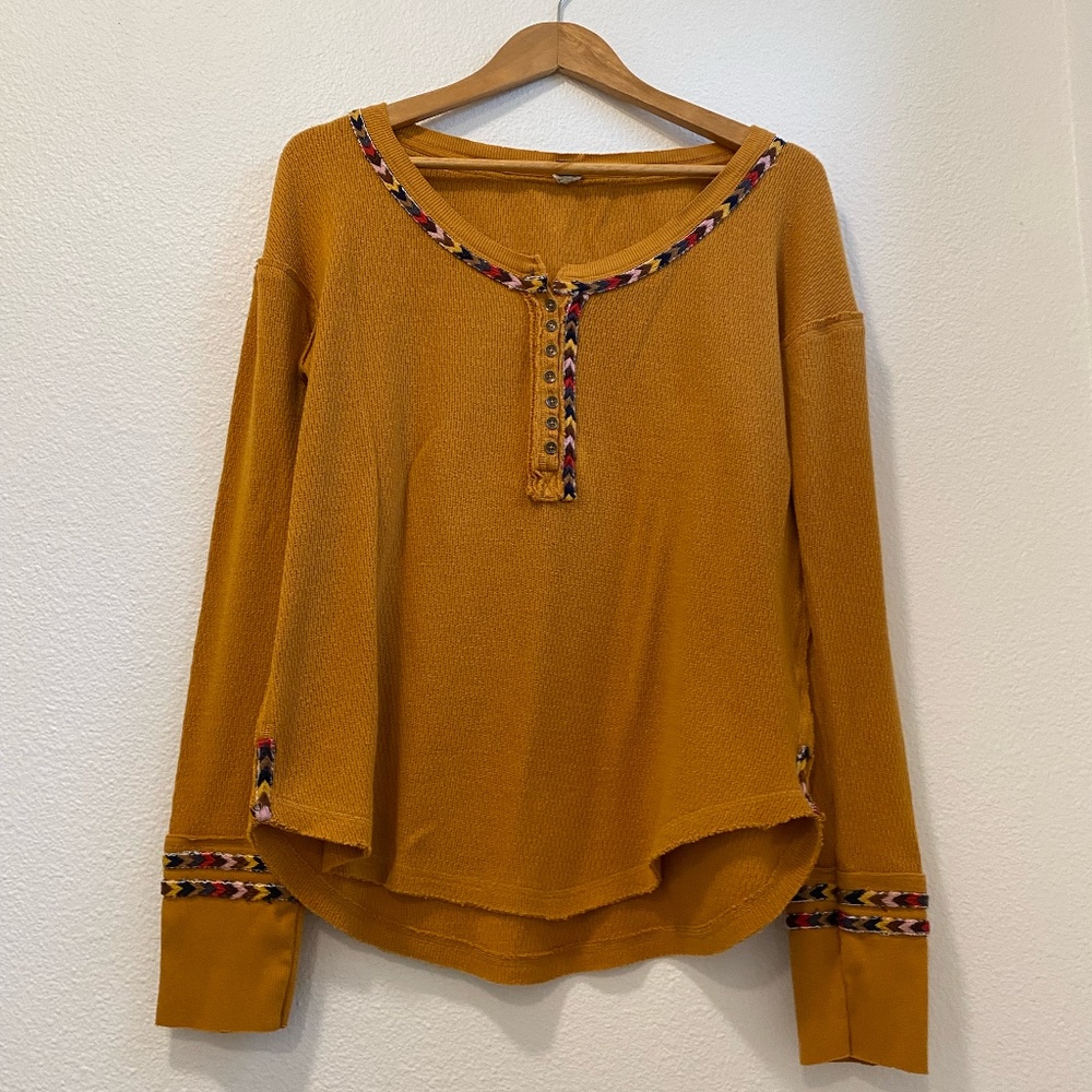 We the Free Mustard Yellow Thermal Waffle Knit with Tribal Colorful Arrows